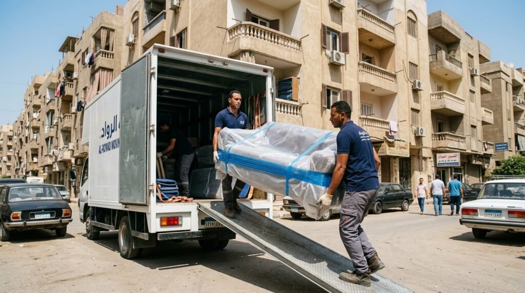 عمال شركة الرواد ينزلون كنبة مغلفة بالبابلز والاسترتش من سيارة نقل أثاث مغلقة في أحد شوارع القاهرة