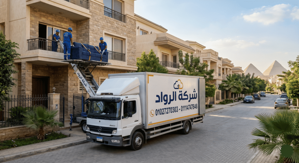 سيارة نقل عفش مغلقة وونش هيدروليكي تابع لشركة الرواد، أفضل شركات نقل اثاث بحدائق الاهرام، لرفع وتنزيل الموبيليا بأمان وبدون خدوش. للحجز والاستعلام: 01027270303 - 01114747648 - 01016388837.