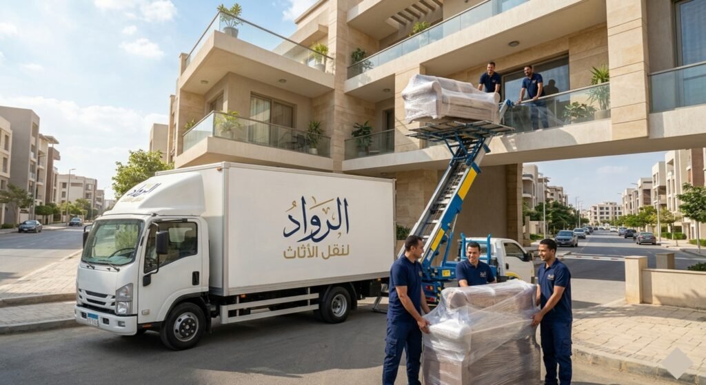 سيارة نقل أثاث مغلقة وونش هيدروليكي لشركة الرواد أثناء نقل وتغليف أثاث فيلا في 6 أكتوبر