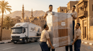 عمال شركة فك وتغليف ونقل الأثاث بالصعيد يقومون بنقل الموبيليا المحمية بالتغليف الحراري بعناية.