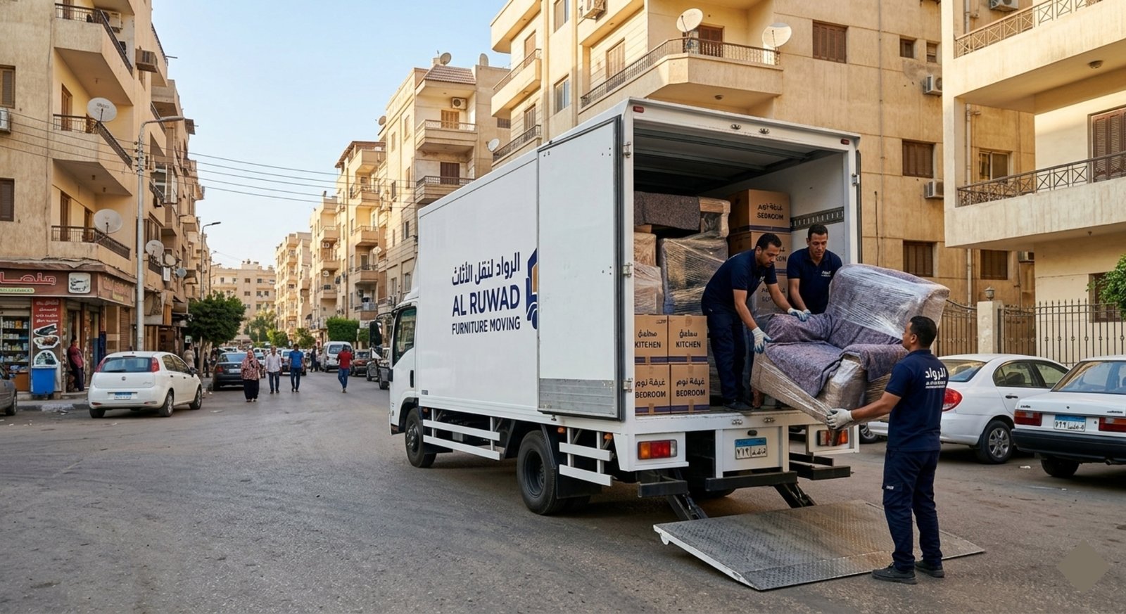 عمال يقومون بتحميل الاثاث داخل سيارة صندوق