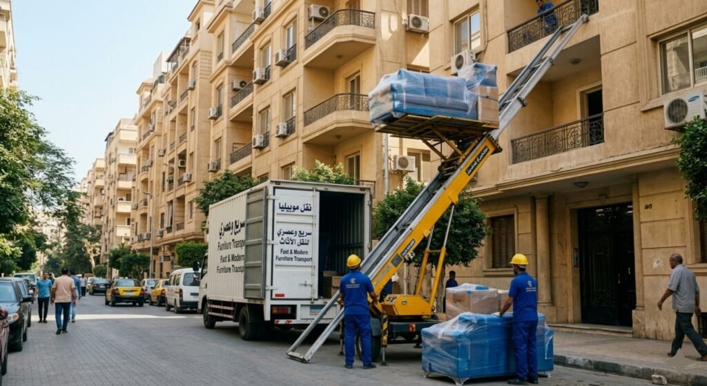 ونش هيدروليكي يقوم برفع العفش المغلف بالكامل إلى الأدوار العليا بجانب سيارات نقل مغلقة ومجهزة تابعة لـ شركات نقل الاثاث بالمهندسين (شركة الرواد).