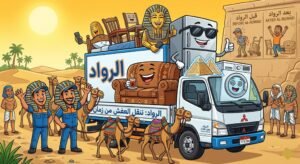 رسم كرتوني يسخر من فكرة "الرواد" كشركة عريقة جداً . الصورة تظهر موكباً ملكياً فرعونياً ولكن الشاحنة البيضاء والزرقاء من الصورة الأصلية هي "العربة الملكية"، وتجرها مجموعة من الجمال الضاحكة بدلاً من الأحصنة. شحنة العفش عبارة عن مزيج مضحك: الكنبة التي تشرب الشاي والثلاجة ذات النظارة (من الصورة الأصلية) مختلطة مع تابوت فرعوني ذهبي ضاحك يمسك ريموت تلفزيون