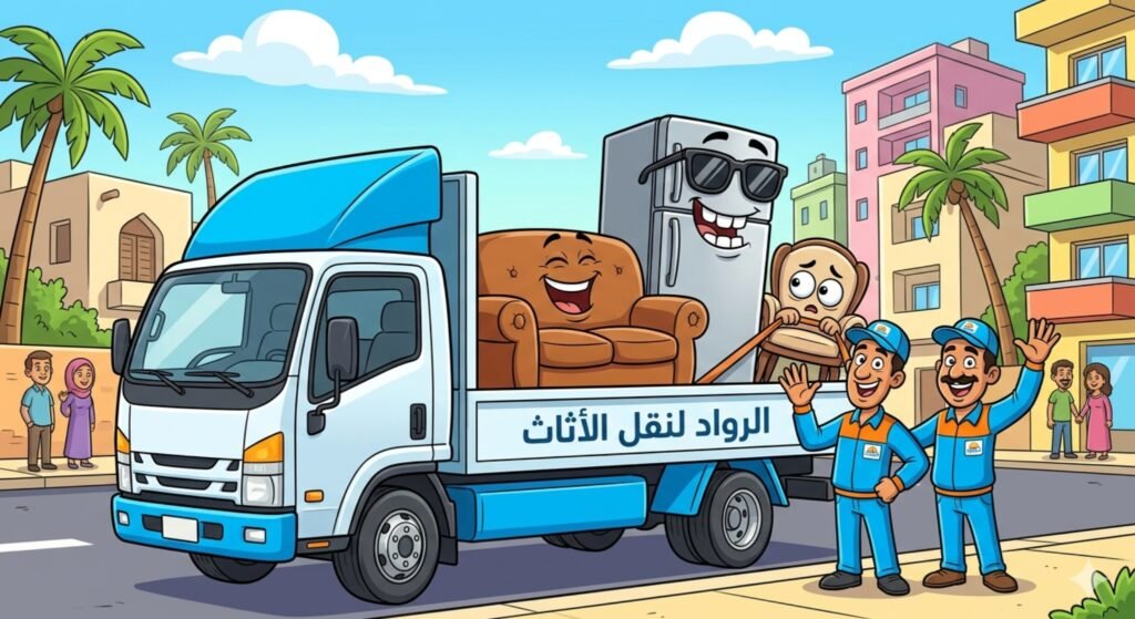صورة احترافية لعملية نقل عفش تابعة لشركة الرواد لنقل الأثاث في مدينة نصر، تظهر سيارة نقل مغلقة (صندوق)