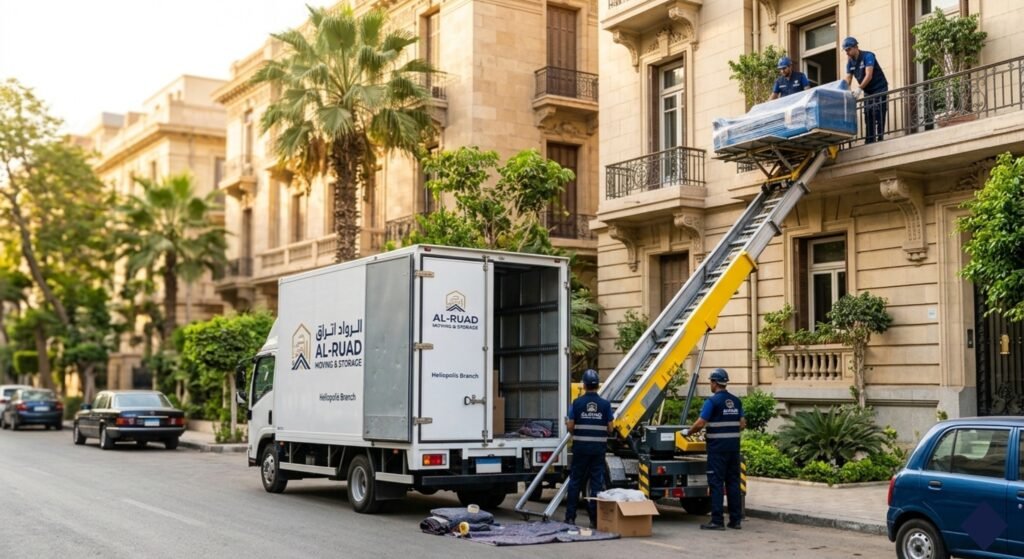 سيارة نقل أثاث مغلقة وحديثة تقف أمام مبنى سكني ذو طابع كلاسيكي عريق في حي مصر الجديدة (هليوبوليس)، مع وجود ونش رفع أثاث هيدروليكي ممتد لأحد الأدوار العليا وعمال يرتدون زياً موحداً ينقلون العفش بأمان في طقس مشمس ونظيف.