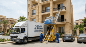 سيارات مغلقة وونش هيدروليكي لرفع الأثاث المغلف بالكامل إلى الأدوار العليا أثناء تقديم خدمة نقل عفش العبور من شركة الرواد لنقل الأثاث.