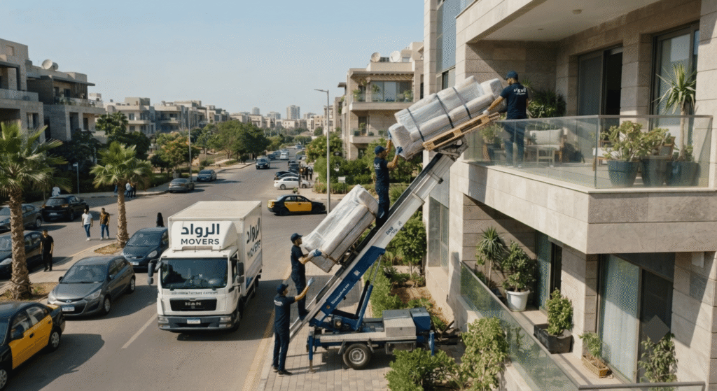 ونش رفع الأثاث الهيدروليكي الحديث أثناء عملية تنزيل وتثبيت المنقولات بأمان تام من إحدى العمارات السكنية لصالح أفضل شركات نقل الاثاث بالتجمع الخامس.
